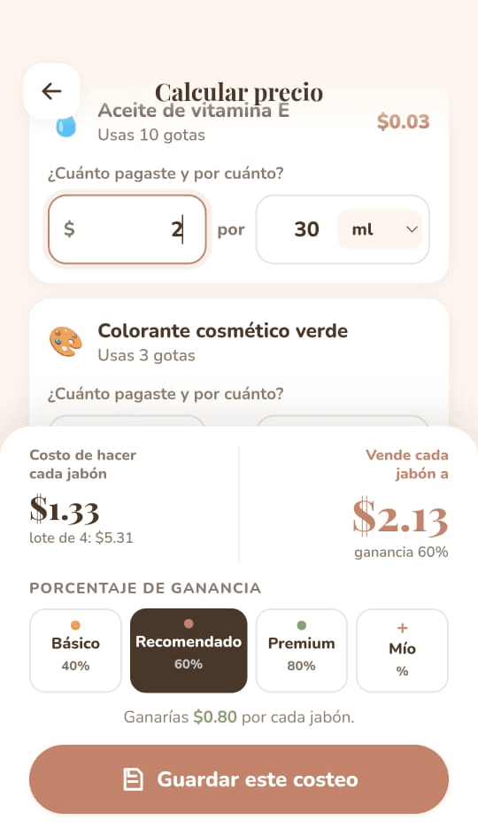 Calculadora de precio de Jabonera: costo real y ganancia por jabón